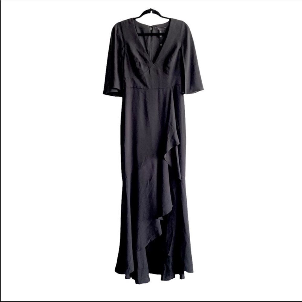 BCBGMAXAZRIA Cape Sleeve V-Neck Asymmetrical Ruffle Maxi Dress Gown Black 2
